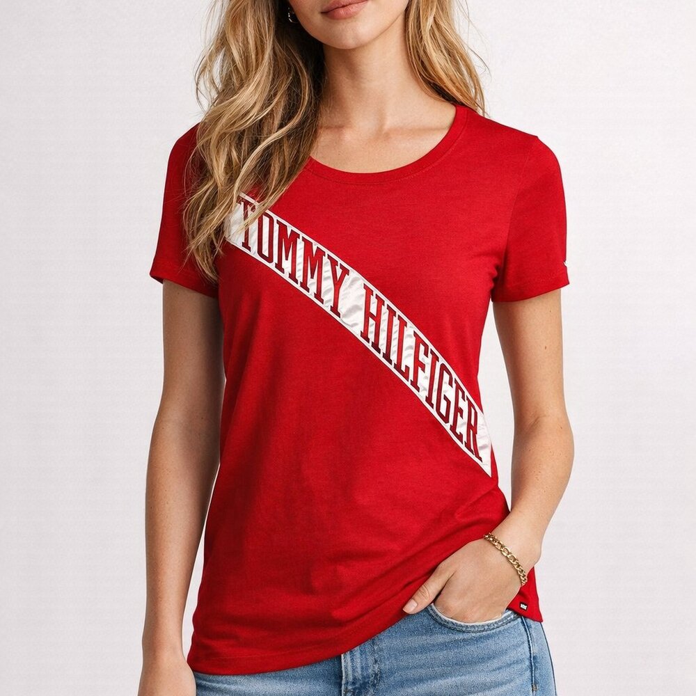Tommy Hilfiger Small S Red Slub Knit Embroidered Logo Spell Out T-Shirt‎ Tee Top